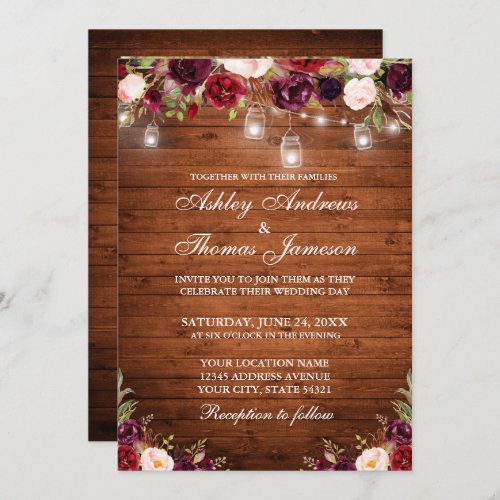 Rustic Wood Burgundy Floral Lights Photo Wedding Invitation