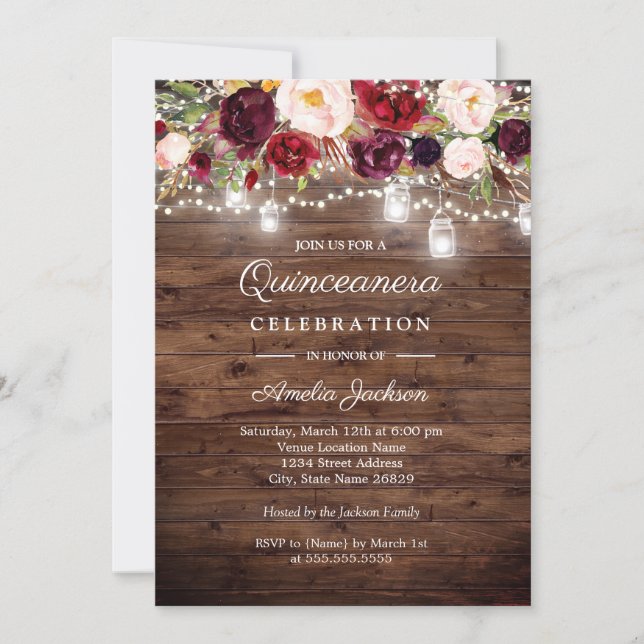Rustic Wood Burgundy Floral Lights Quinceanera Invitation (Front)