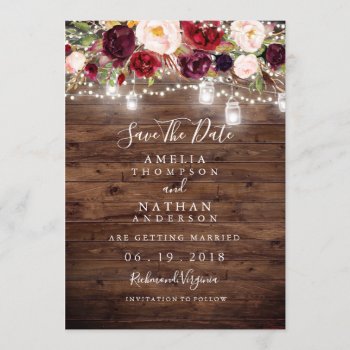 Rustic Wood Burgundy Floral Lights Save The Date by LittleBayleigh at Zazzle