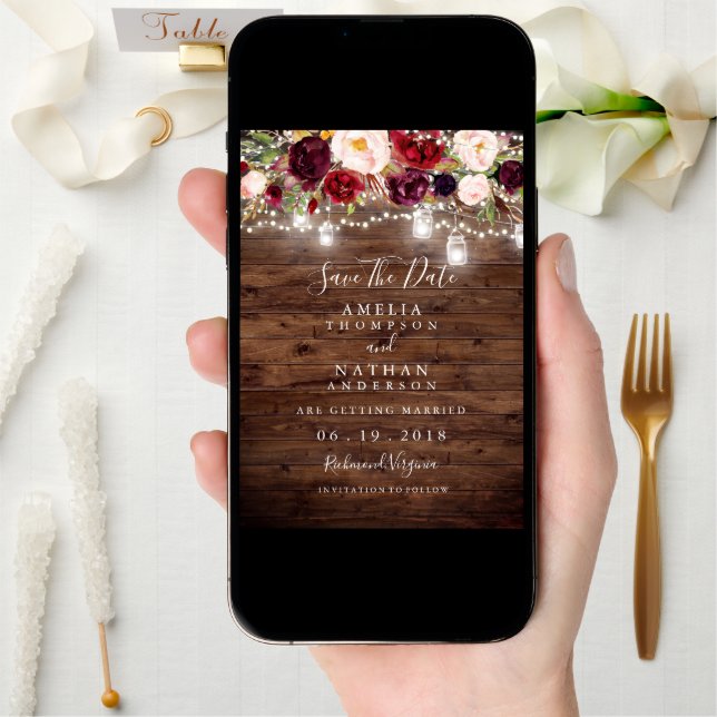 Rustic Wood Burgundy Floral Lights Save The Date (Front Digital)