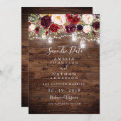 Rustic Wood Burgundy Floral Lights Save The Date (Front/Back)