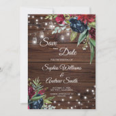 Rustic Wood Burgundy Floral Lights Save The Date (Front)