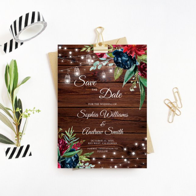 Rustic Wood Burgundy Floral Lights Save The Date