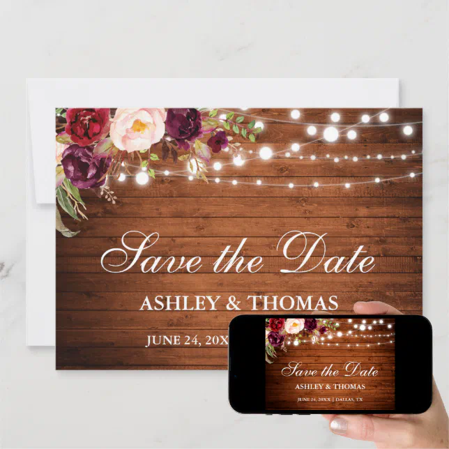 Rustic Wood Burgundy Floral Lights Save The Date Zazzle