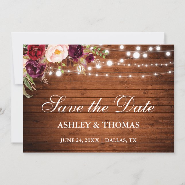 Rustic Wood Burgundy Floral Lights Save the Date (Front)