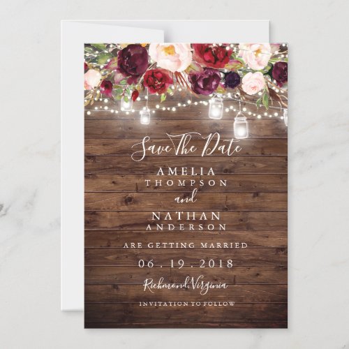 Rustic Wood Burgundy Floral Lights Save The Date Magnetic Invitation