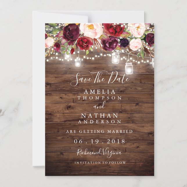 Rustic Wood Burgundy Floral Lights Save The Date Magnetic Invitation (Front)