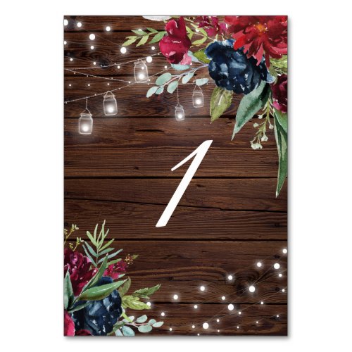 Rustic Wood Burgundy Floral Lights Table 1 Wedding Table Number