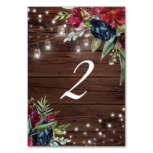 Rustic Wood Burgundy Floral Lights Table 2 Wedding Table Number