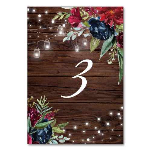 Rustic Wood Burgundy Floral Lights Table 3 Wedding Table Number
