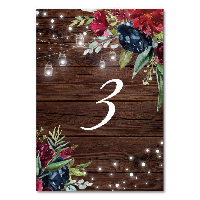 Rustic Wood Burgundy Floral Lights Table 3 Wedding Table Number (Front)