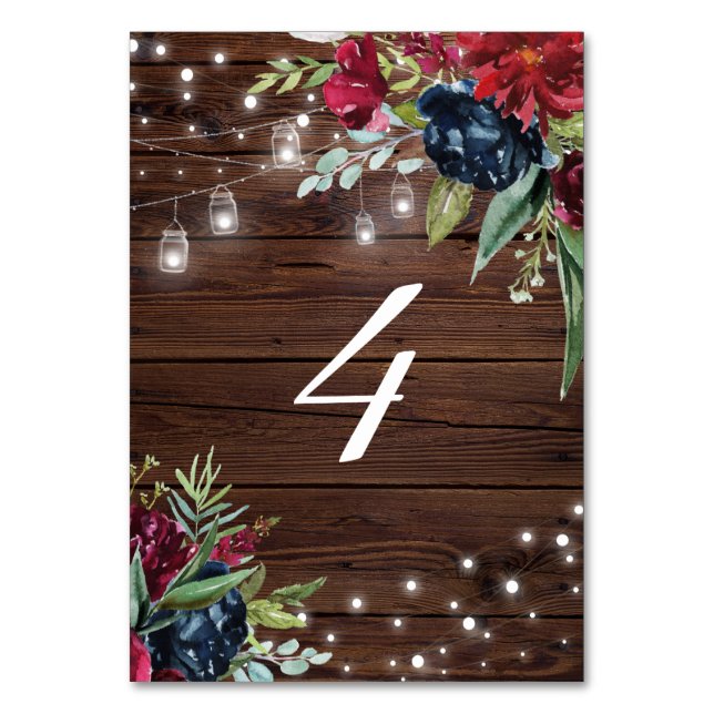 Rustic Wood Burgundy Floral Lights Table 4 Wedding Number (Front)