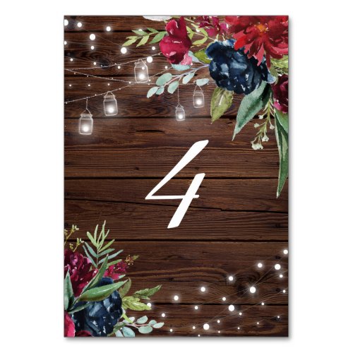 Rustic Wood Burgundy Floral Lights Table 4 Wedding Table Number