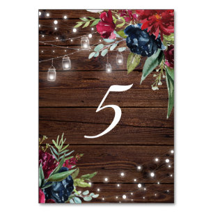Rustic Wood Burgundy Floral Lights Table 5 Wedding Number