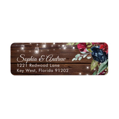 Rustic Wood Burgundy Floral Lights Wedding Addres