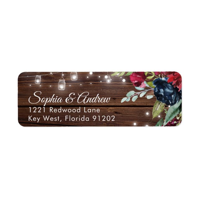 Rustic Wood Burgundy Floral Lights Wedding Addres Label (Front)