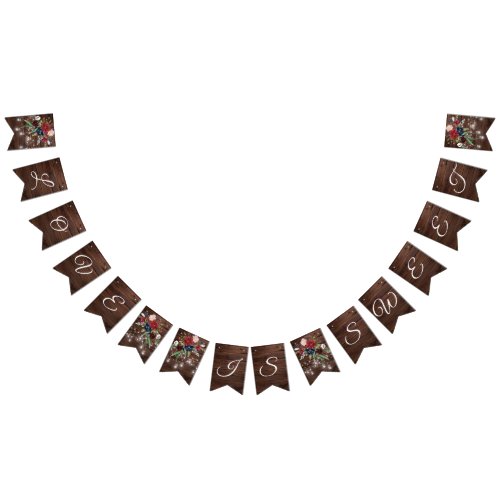 Rustic Wood Burgundy Floral Lights Wedding Bunting Flags