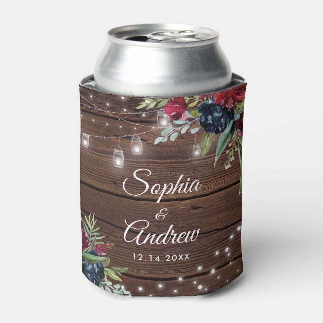 Rustic Wood Burgundy Floral Lights Wedding Can Cooler (Can Front)