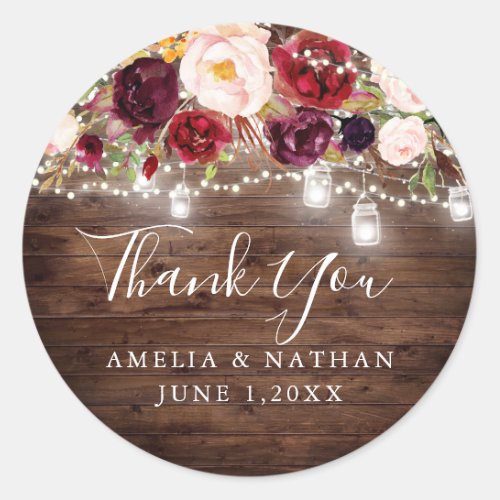 Rustic Wood Burgundy Floral Lights Wedding Classic Round Sticker