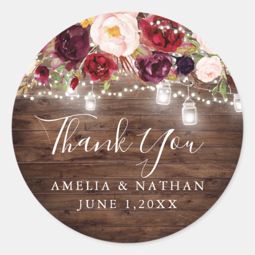 Rustic Wood Burgundy Floral Lights Wedding