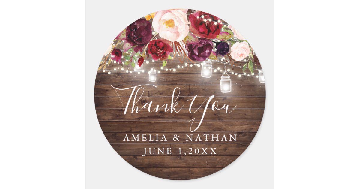 Rustic Wood Burgundy Floral Lights Wedding Classic Round Sticker | Zazzle