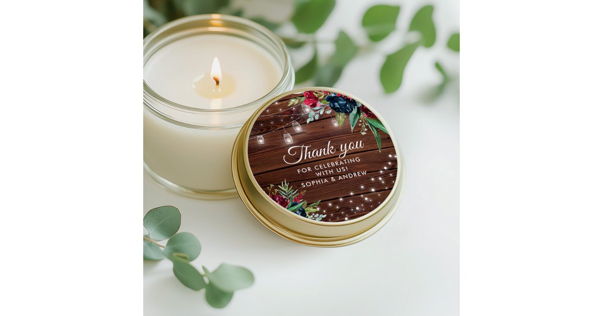 Rustic Wood Burgundy Floral Lights Wedding Classic Round Sticker | Zazzle