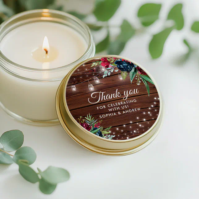 Rustic Wood Burgundy Floral Lights Wedding Classic Round Sticker | Zazzle