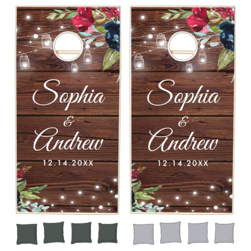 Rustic Wood Burgundy Floral Lights Wedding Cornhole Set