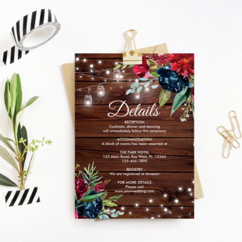 Rustic Wood Burgundy Floral Lights Wedding Details Enclosure Card