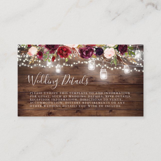 Rustic Wood Burgundy Floral Lights Wedding Enclosure Card (Front)
