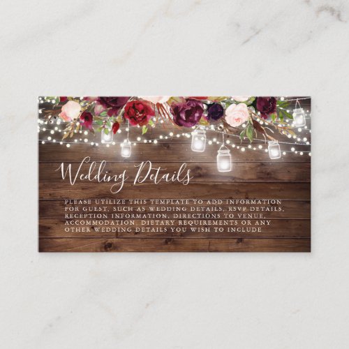 Rustic Wood Burgundy Floral Lights Wedding Enclosure Card
