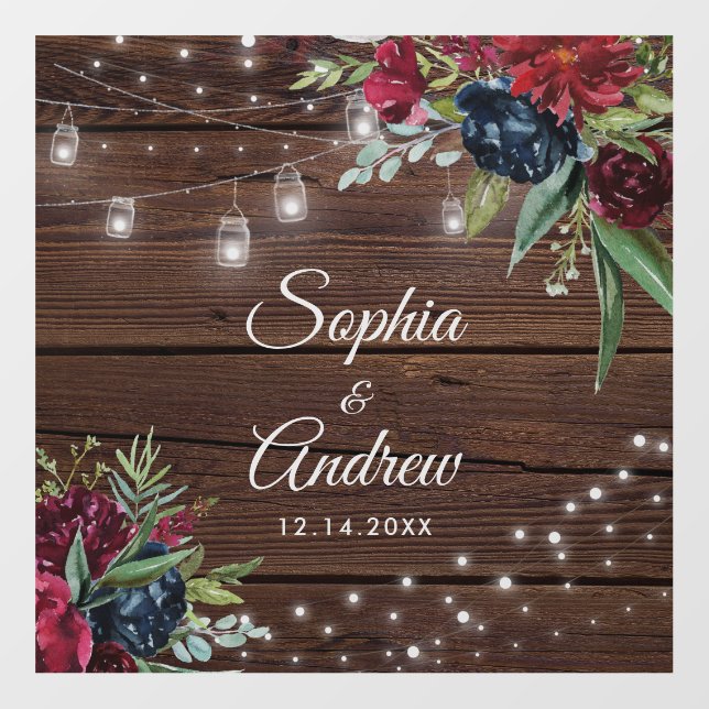Rustic Wood Burgundy Floral Lights Wedding Floor Decals (Front)