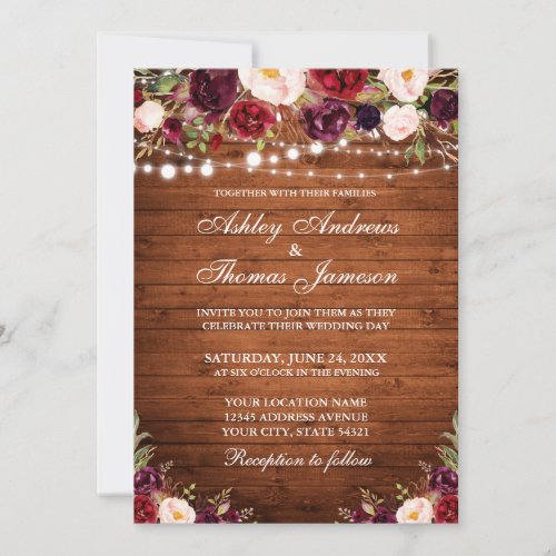 Rustic Wood Burgundy Floral Lights Wedding Invitation