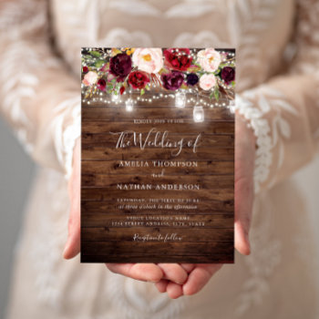 Rustic Wood Burgundy Floral Lights Wedding Invitation by LittleBayleigh at Zazzle