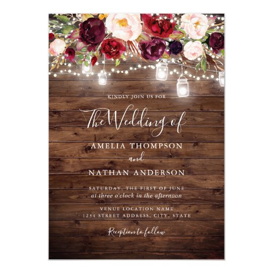 Rustic Wood Burgundy Floral Lights Wedding Invitation | Zazzle.com