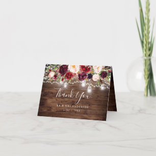 Rustic Wood Burgundy Floral Lights Wedding Letterpress Thank You Card