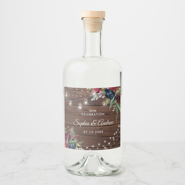 Rustic Wood Burgundy Floral Lights Wedding Liquor Bottle Label (Front)