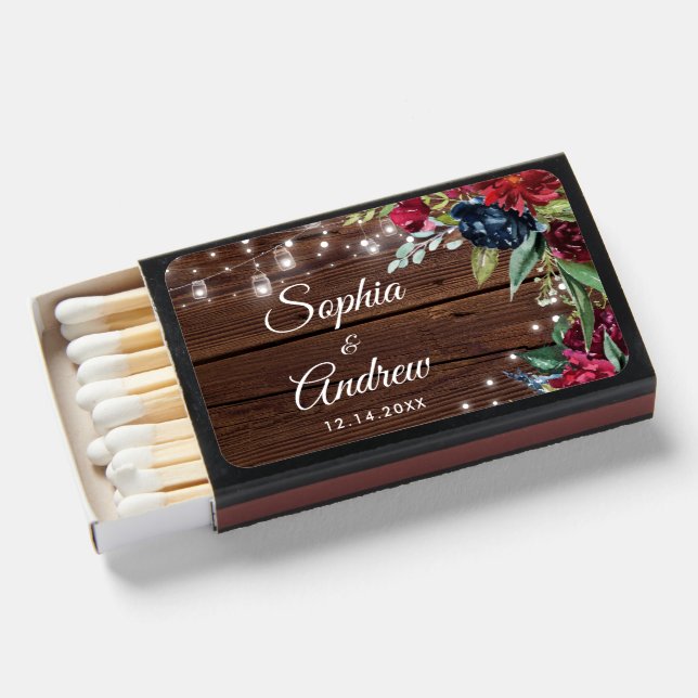 Rustic Wood Burgundy Floral Lights Wedding Matchboxes (Front Open)