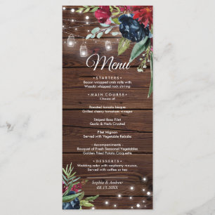 Rustic Wood Burgundy Floral Lights Wedding Menu