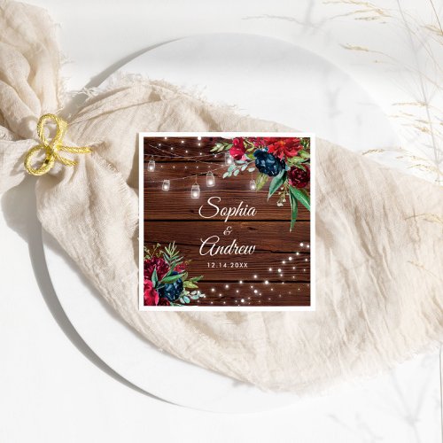 Rustic Wood Burgundy Floral Lights Wedding Napkins