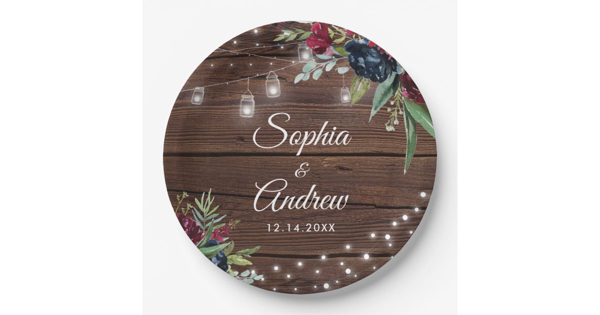 Rustic Wood Burgundy Floral Lights Wedding Paper Plates | Zazzle