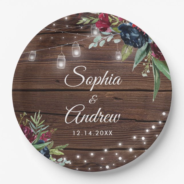 Rustic Wood Burgundy Floral Lights Wedding Paper Plates (Front)
