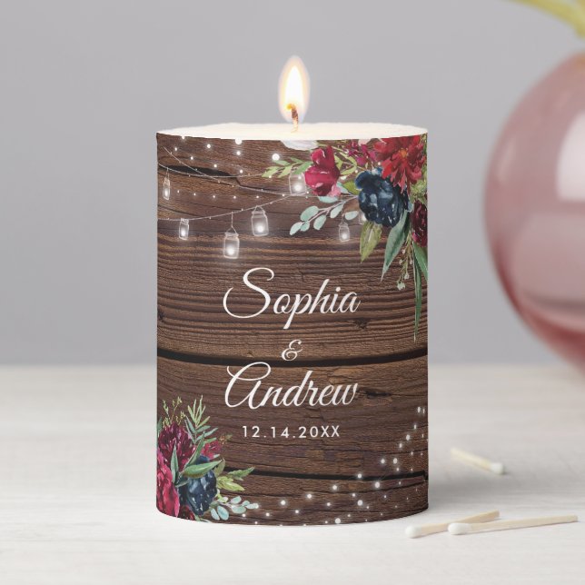 Rustic Wood Burgundy Floral Lights Wedding Pillar Candle (In Situ)