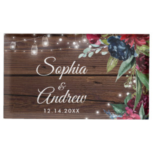 Rustic Wood Burgundy Floral Lights Wedding Place Card Holder