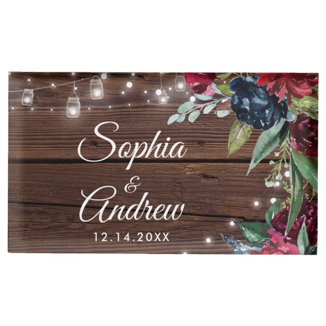 Rustic Wood Burgundy Floral Lights Wedding Place Card Holder (Front)
