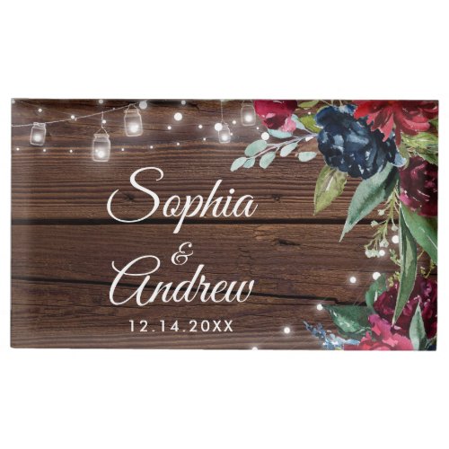 Rustic Wood Burgundy Floral Lights Wedding Place Card Holder
