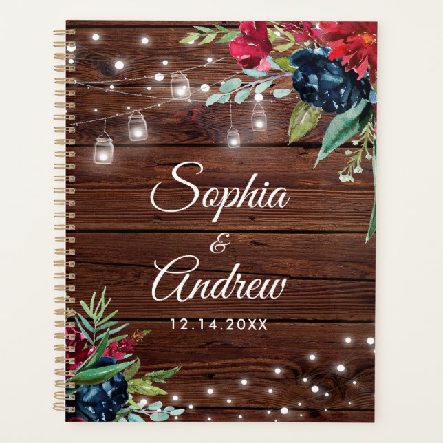 Rustic Wood Burgundy Floral Lights Wedding Planner (Front)