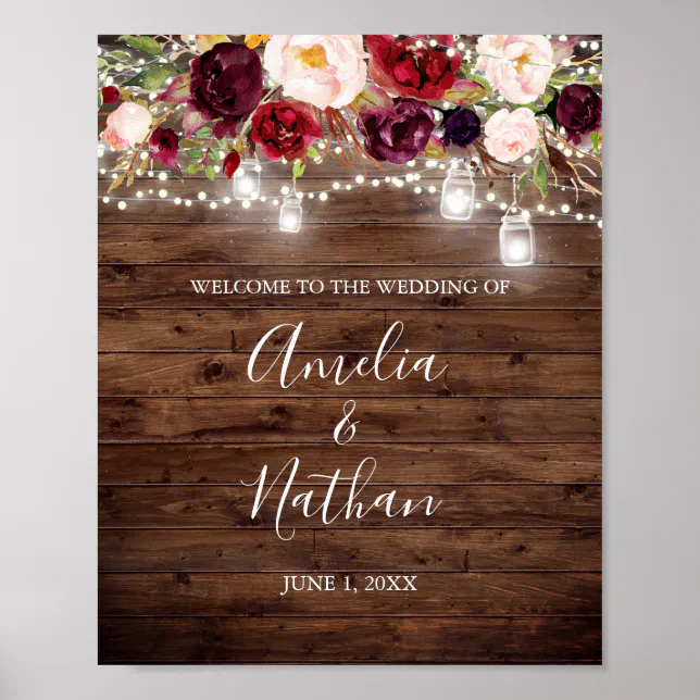 Rustic Wood Burgundy Floral Lights Wedding Poster Zazzle