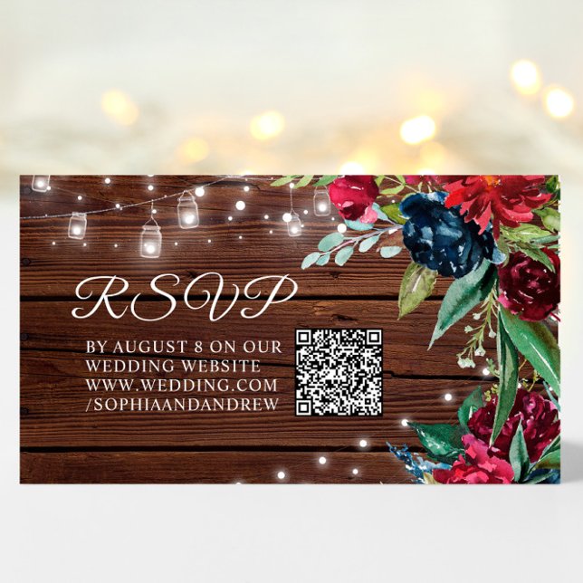 Rustic Wood Burgundy Floral Lights Wedding QR Code Enclosure Card (Creator Uploaded)