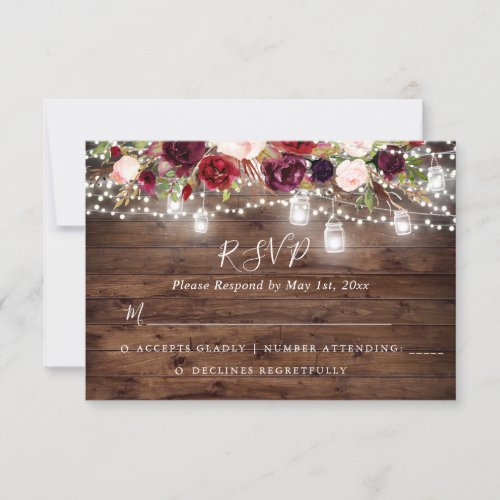 Rustic Wood Burgundy Floral Lights Wedding RSVP Card